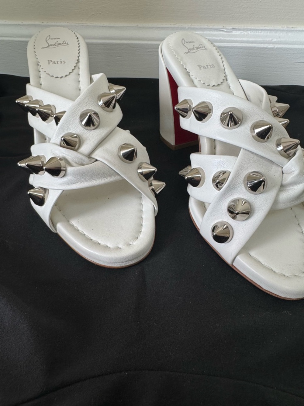Christian Louboutin White Spika Club Studded Crisscross Mules